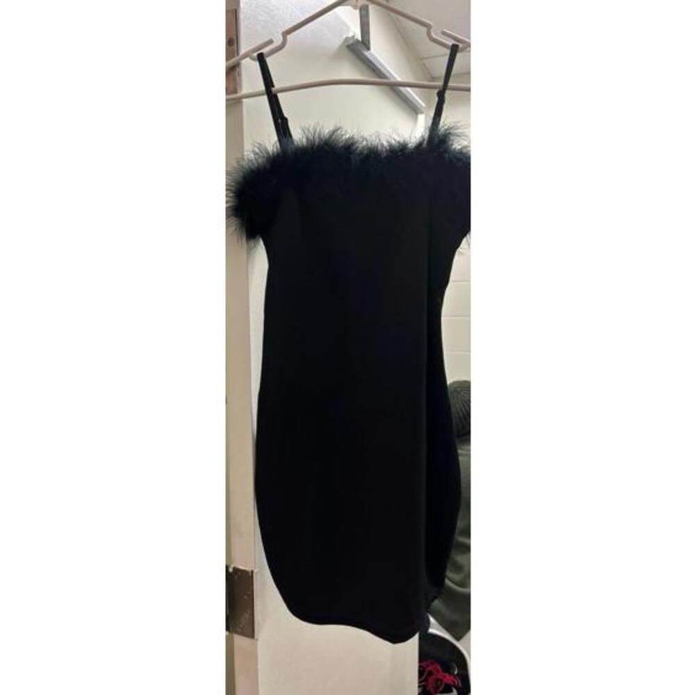 Sexy Little Black Dress with Feather Trim- New